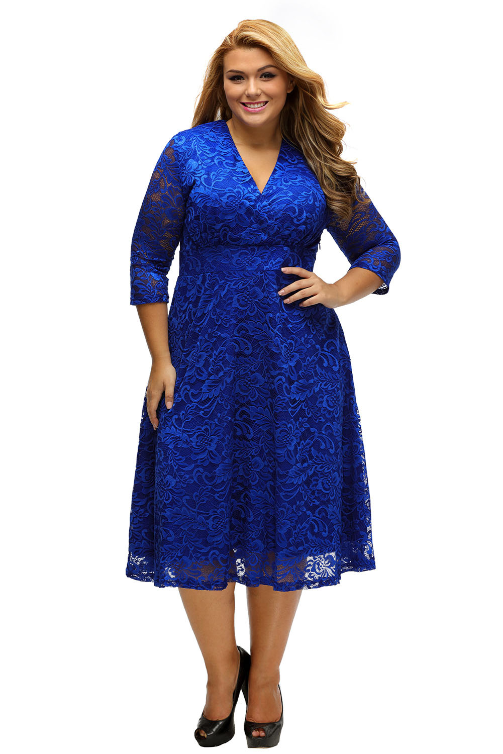 BY61442-4 Blue Plus Size Surplice Lace Formal Skater Dress